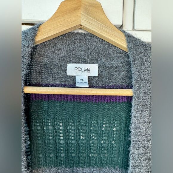 Per Se Merino Wool women’s luxury open front long cardigan size M-L green purple - Picture 3 of 17